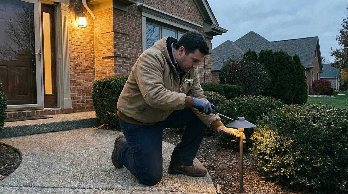 Commercial landscape lighting along a safe building walkway