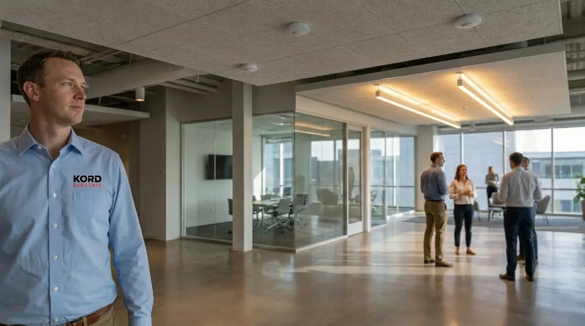 Technicians configuring commercial lighting automation controls for energy savings