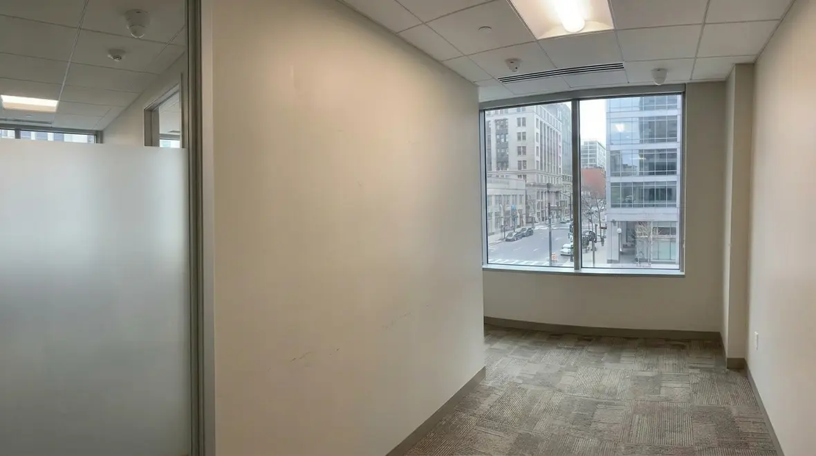 Modern commercial building interior with automated LED lighting system