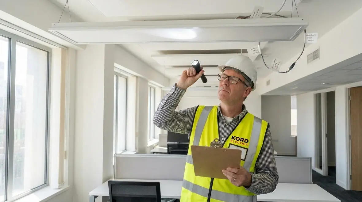 Commercial inspector reviewing lighting compliance documentation in a modern facility corridor