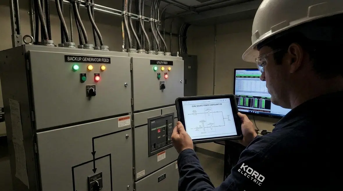 Technicians planning emergency power continuity and coordination