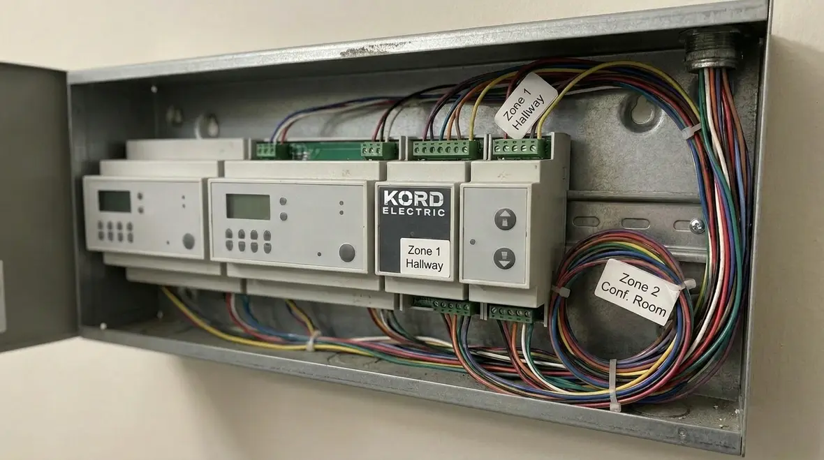 Open office benefiting from smart commercial lighting control integration scenes