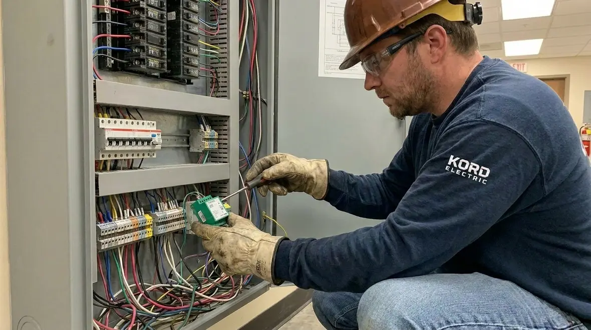 Electricians reviewing panels and wiring for a commercial lighting controls retrofit