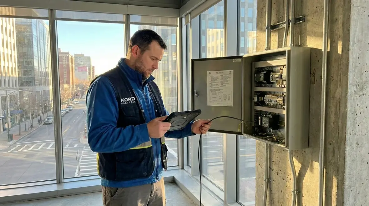 Technician diagnosing commercial lighting control system issues that reduce ROI