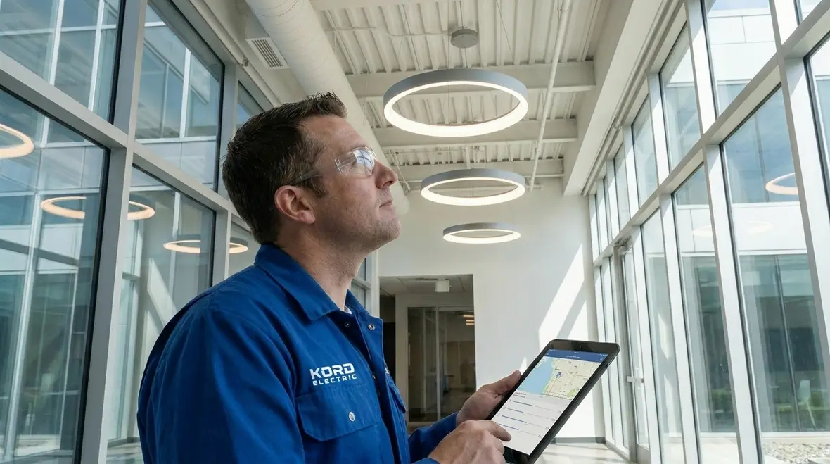 Technician performing commercial lighting control optimization in a large commercial facility