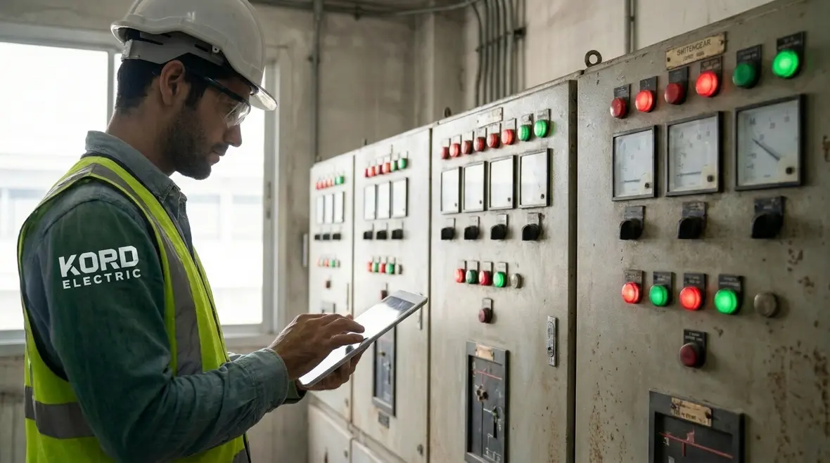 Industrial maintenance team working on sectionalized electrical equipment