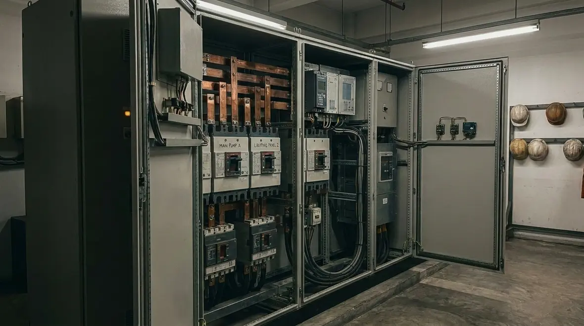 Technician performing preventative electrical maintenance on commercial switchgear