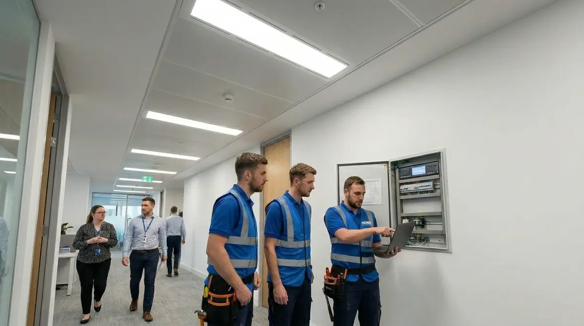 Technicians adjusting commercial lighting controls retrofit in an office corridor