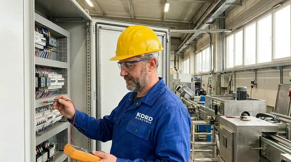 Technician reviewing industrial electrical panel load mapping in a commercial facility