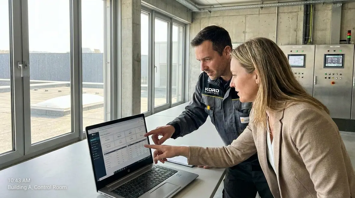 Technicians reviewing smart energy management systems dashboards in a commercial facility