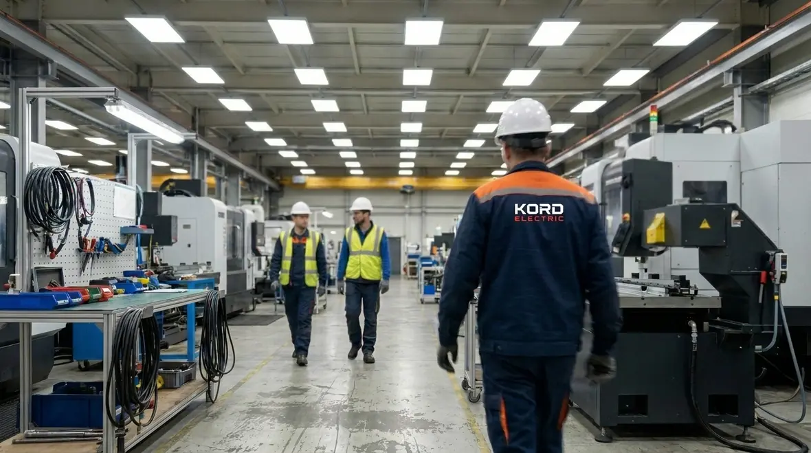 Technicians performing a commercial lighting retrofit in a large warehouse