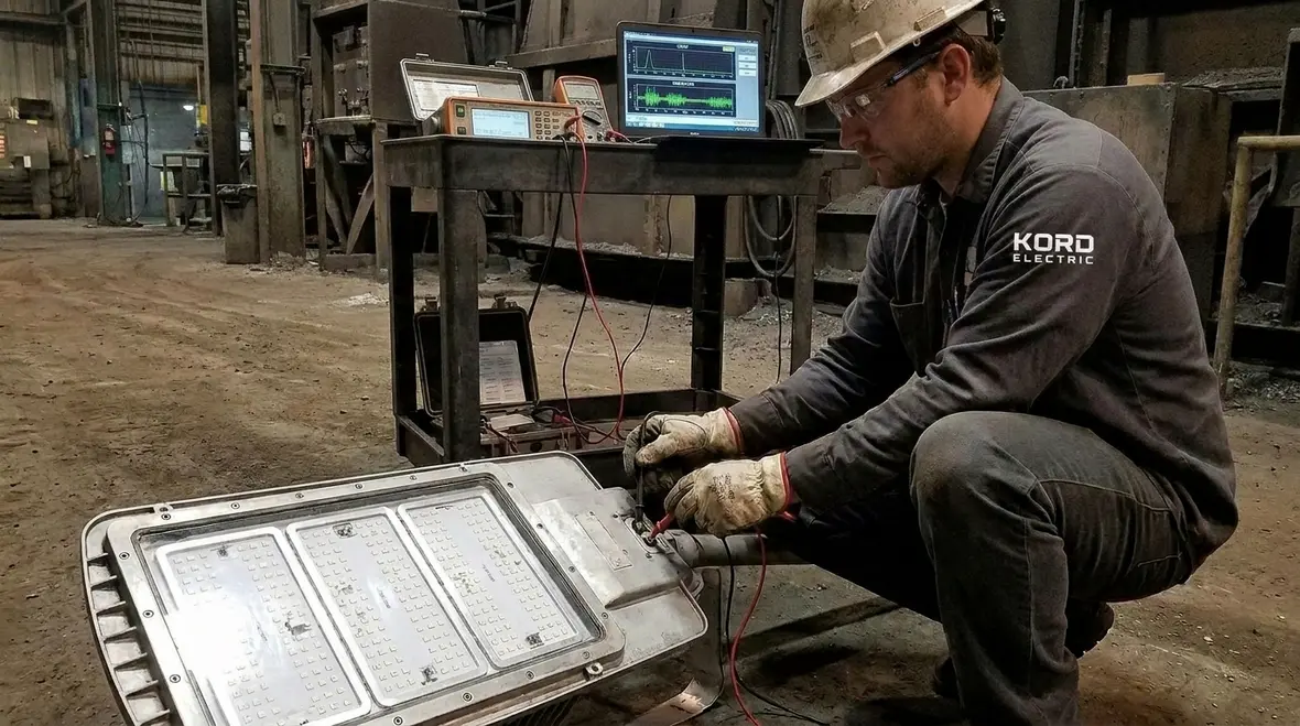 Technician reviewing commercial lighting layout for uniformity and glare control