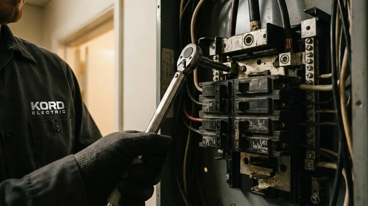 Technician performing electrical troubleshooting on a commercial panel