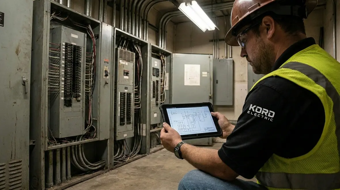 Engineers analyzing demand data for commercial load shedding strategies