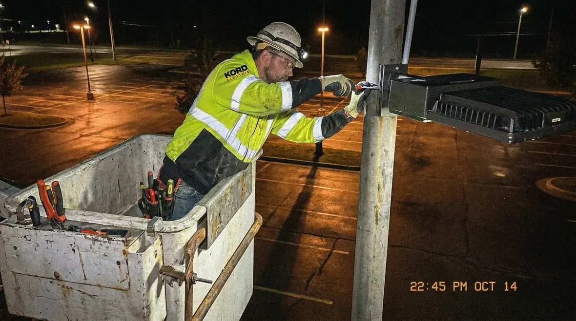Technicians maintaining commercial outdoor security lighting