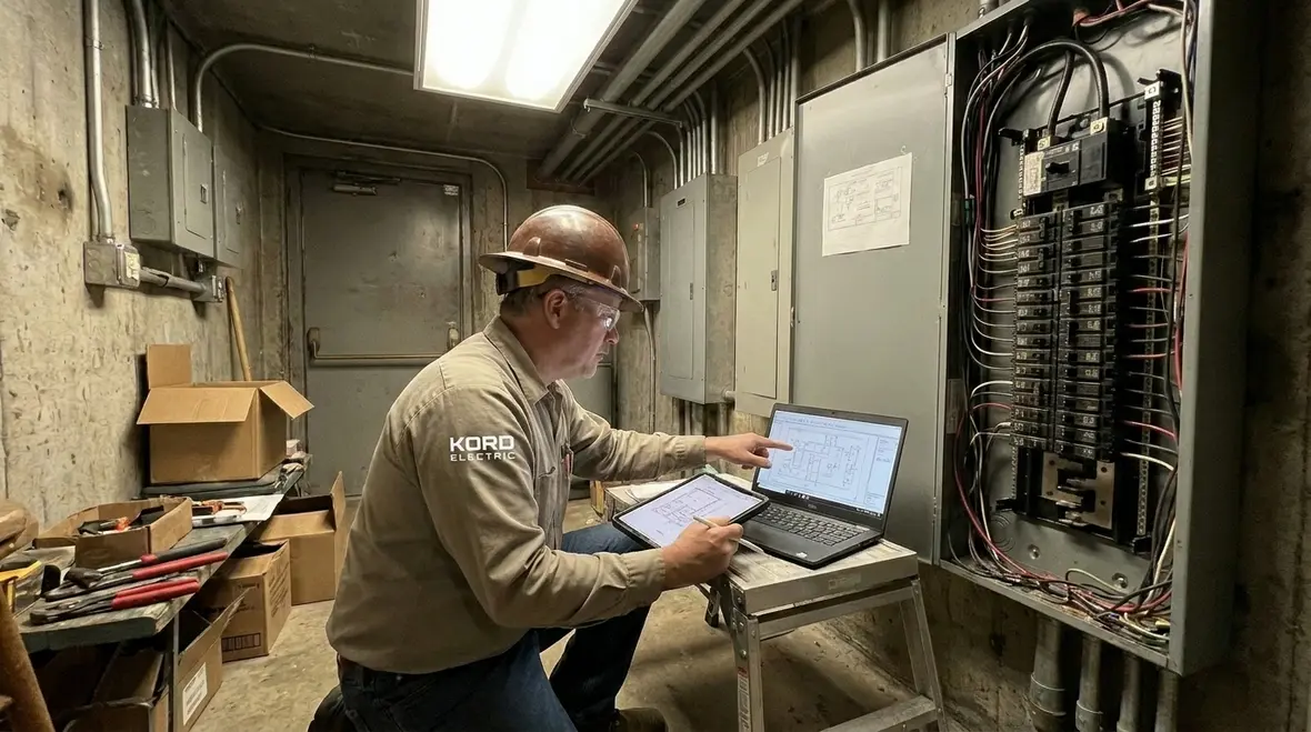 Technician configuring smart building energy controls in a commercial facility