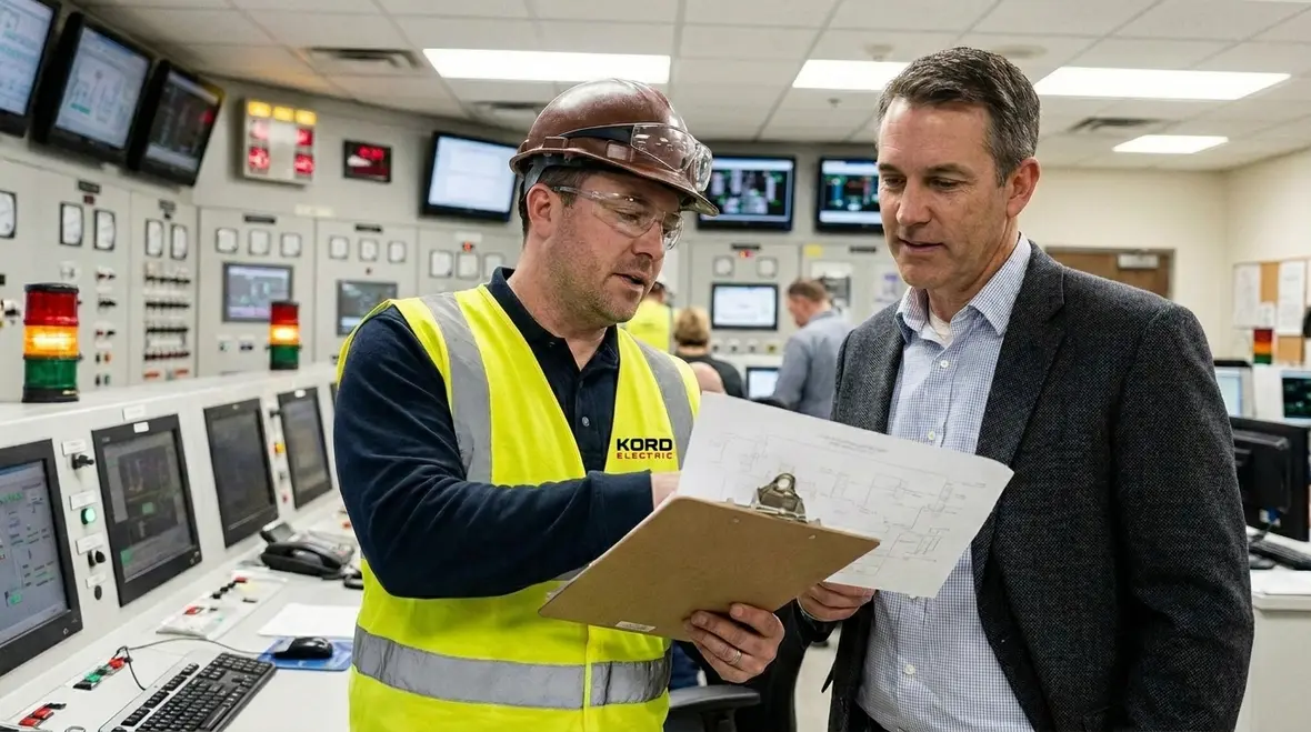 Technicians planning commercial power backup systems for business continuity