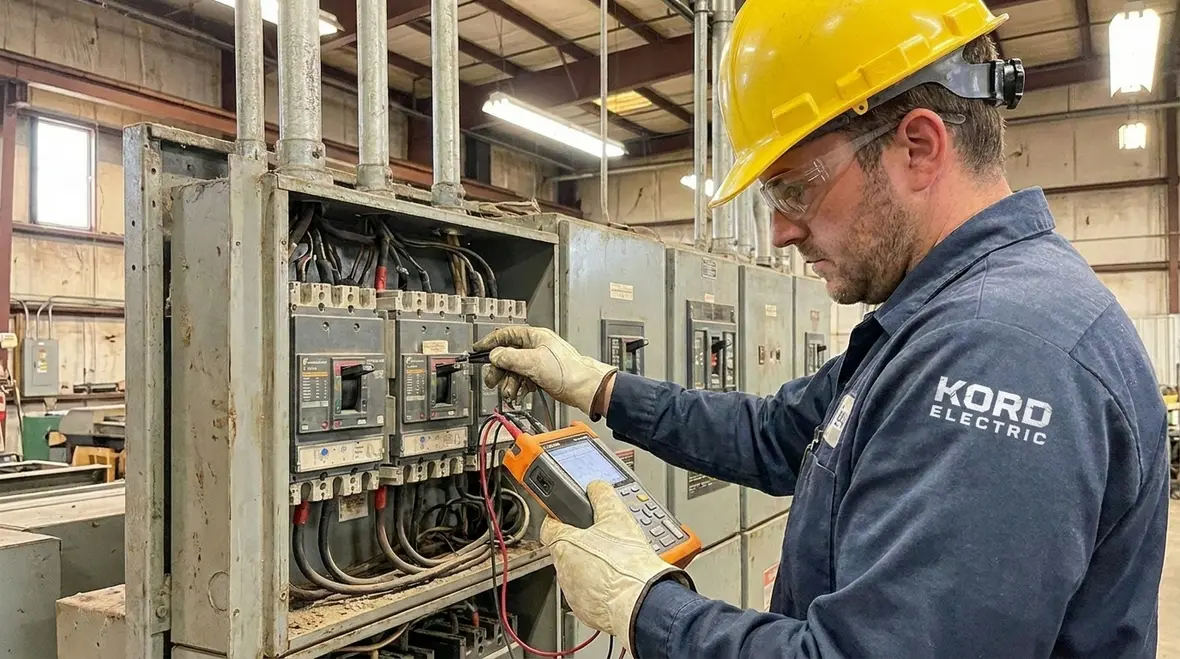 Technician performing commercial power quality auditing in an electrical room