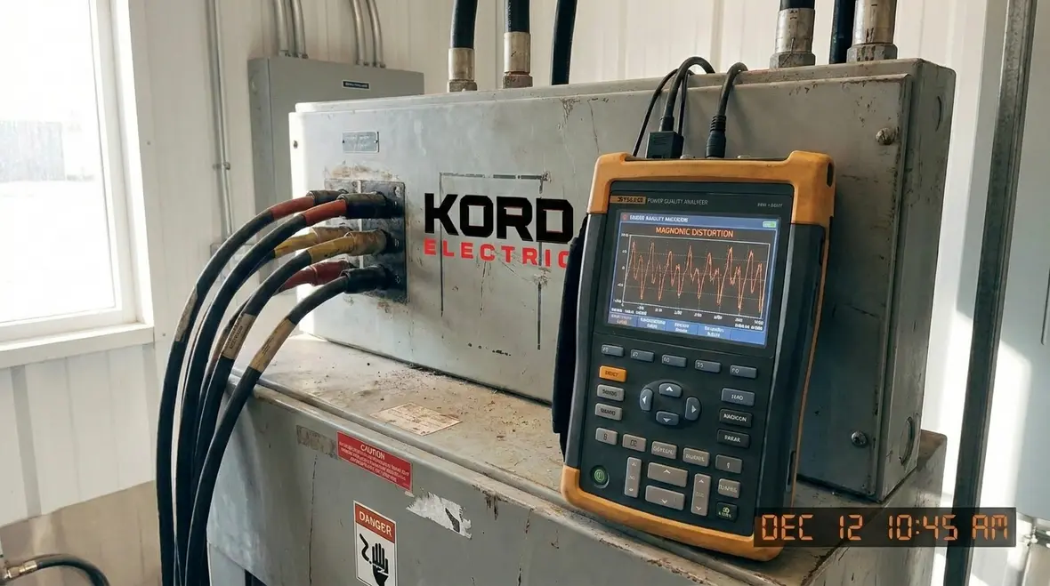 Technician reviewing commercial power quality data in an electrical room