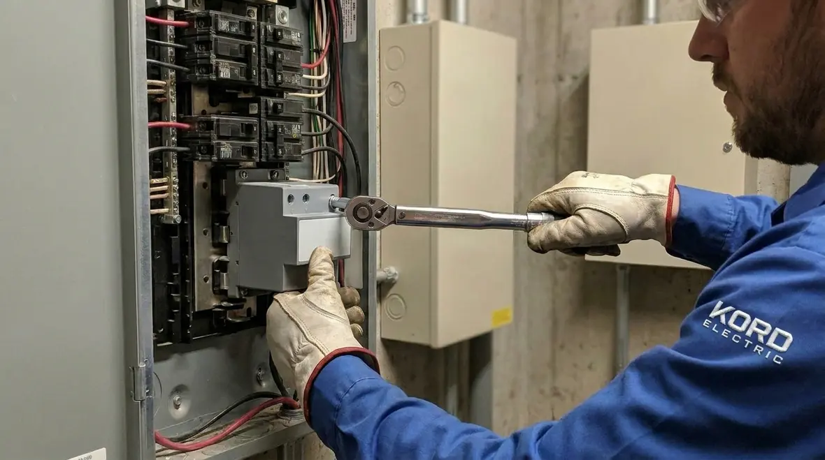 Technician reviewing commercial power surge protection equipment in a large facility