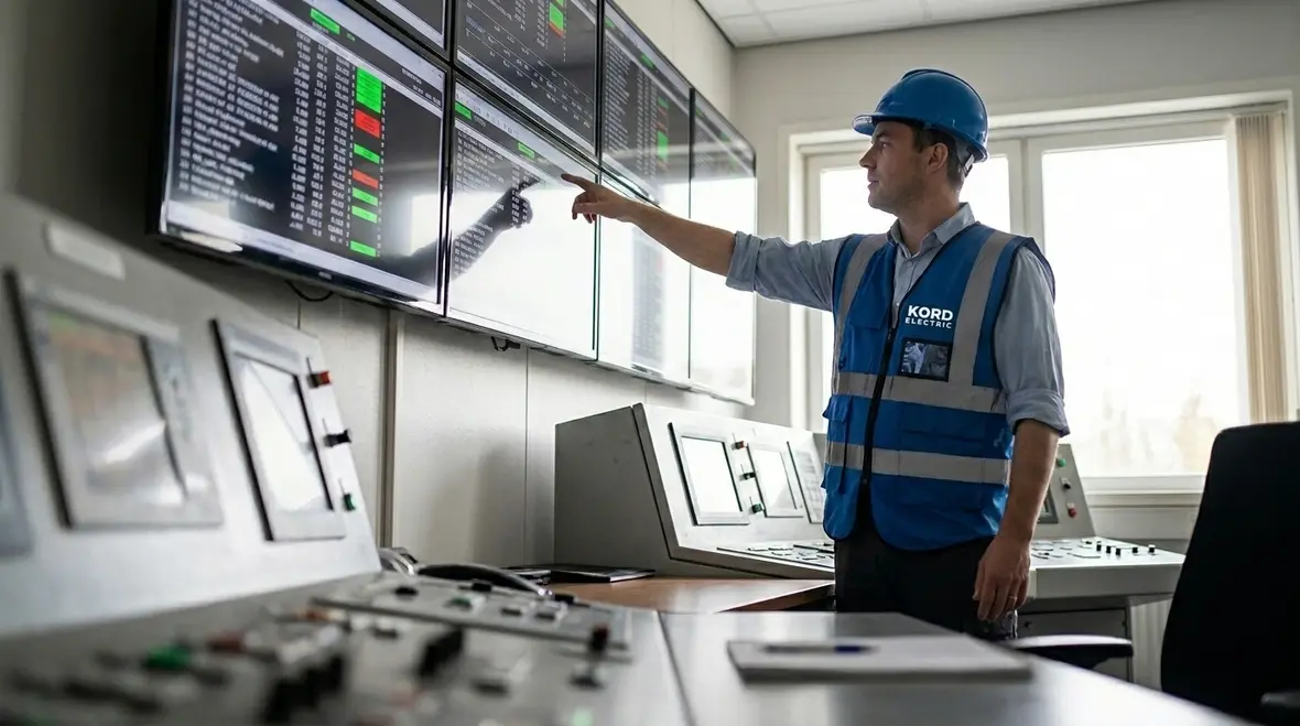 Technician reviewing smart building electrical monitoring dashboard