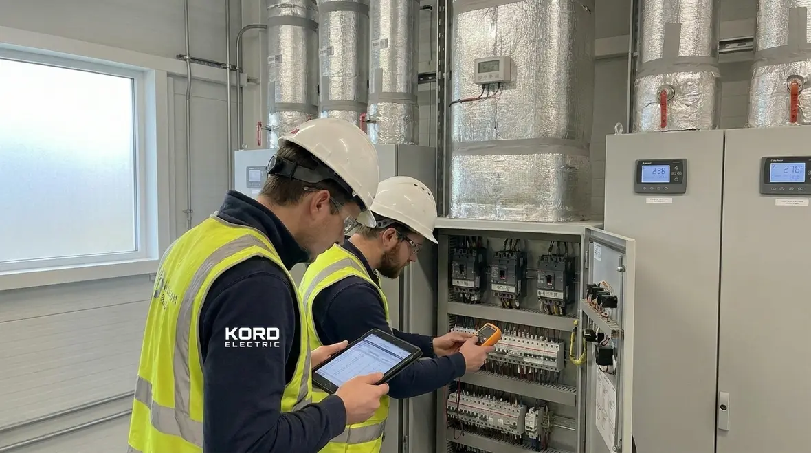 Technician configuring commercial smart energy management in an electrical room