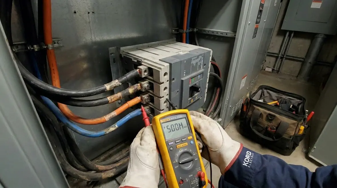 Technician using electrical infrastructure diagnostic tools in a commercial electrical room