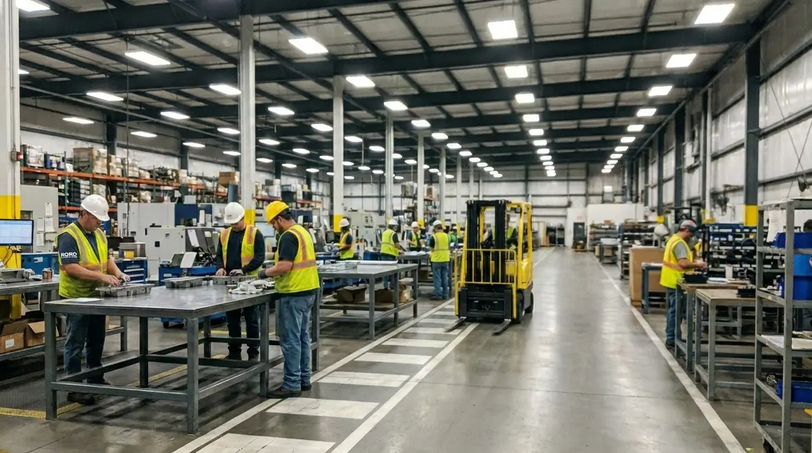 Modern industrial LED lighting illuminating a production facility