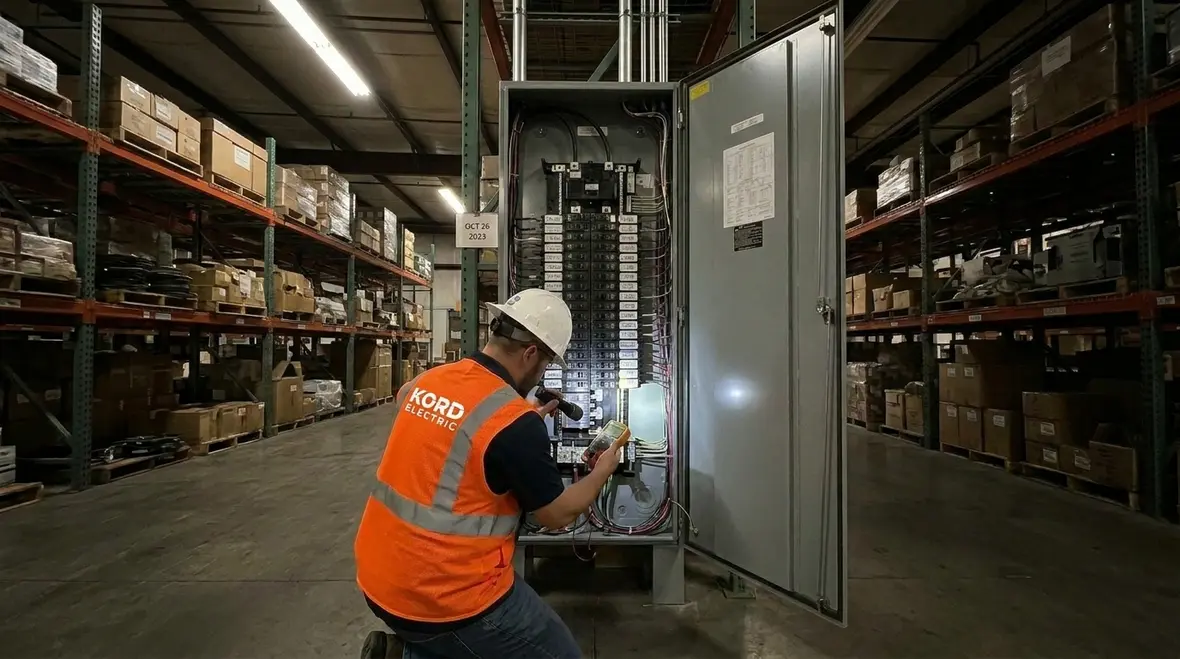 Warehouse electrical safety audit in progress