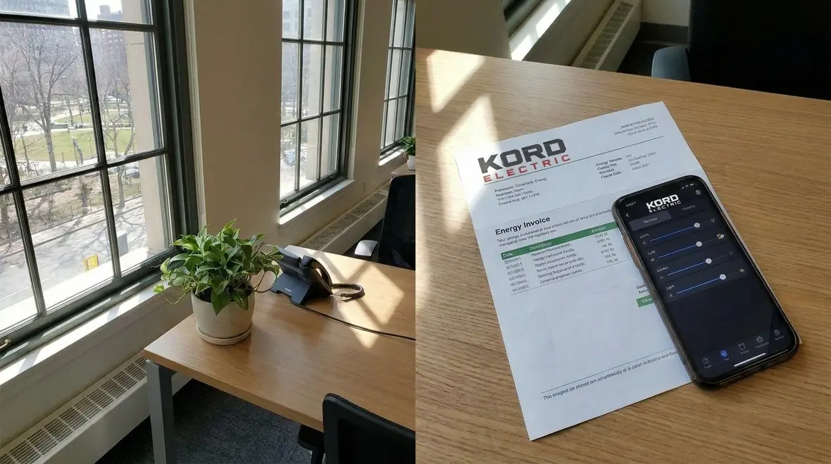 Smart lighting controls reducing energy costs in a commercial building