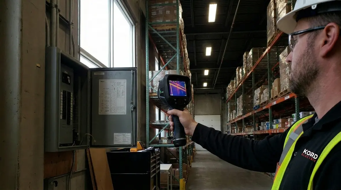 Warehouse power distribution equipment under inspection