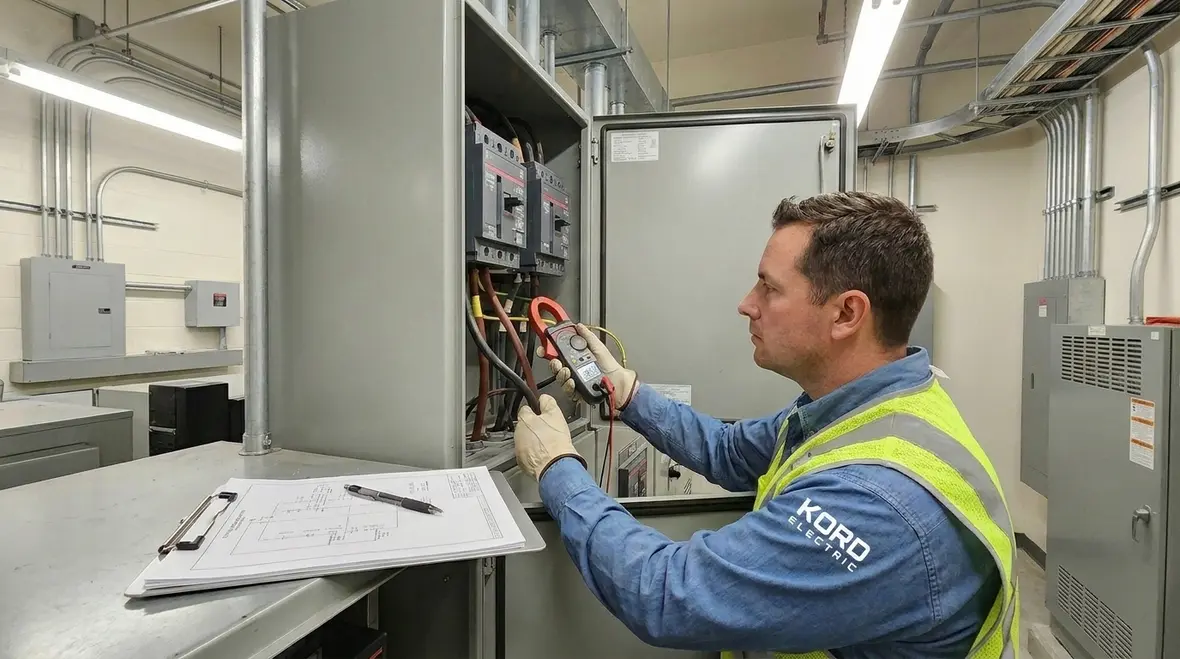 Technicians performing power distribution efficiency analysis in a warehouse