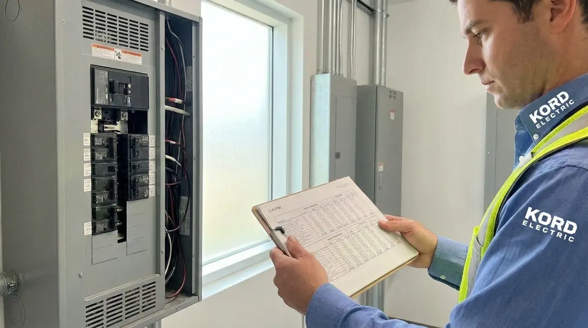 Commercial electrician inspecting subpanel components before adding new circuits