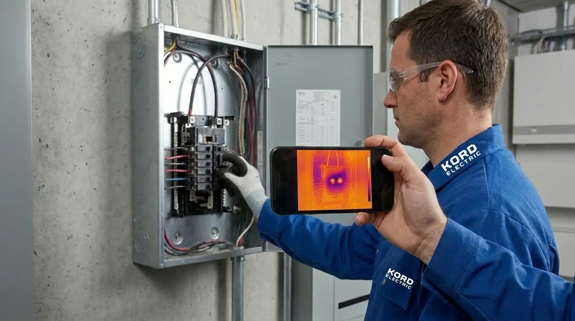 Technician reviewing commercial subpanel capacity upgrades in an electrical room