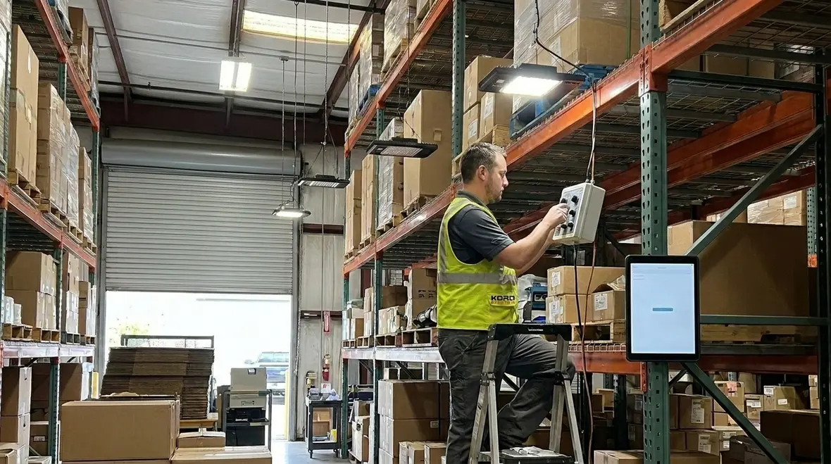 Electrician configuring dimming settings for warehouse fixtures