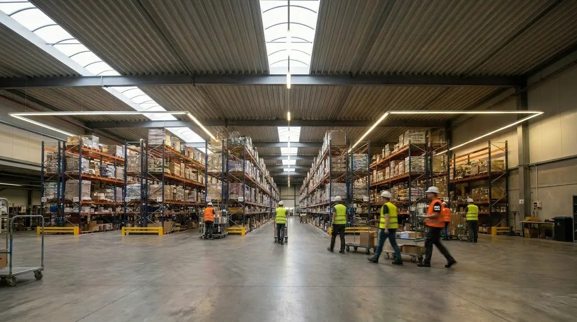 Warehouse lighting controls being reviewed on a tablet in an industrial facility