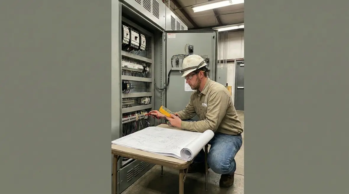Technician reviewing commercial subpanel loads before capacity changes