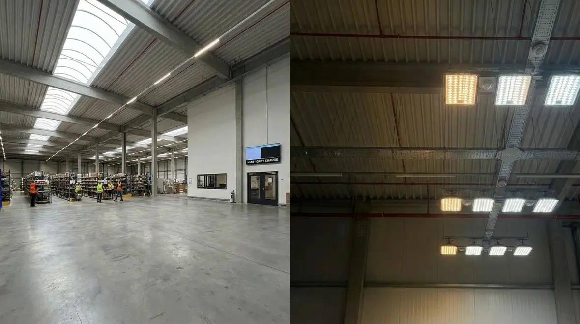 Overhead warehouse lighting zones running over pallet racks