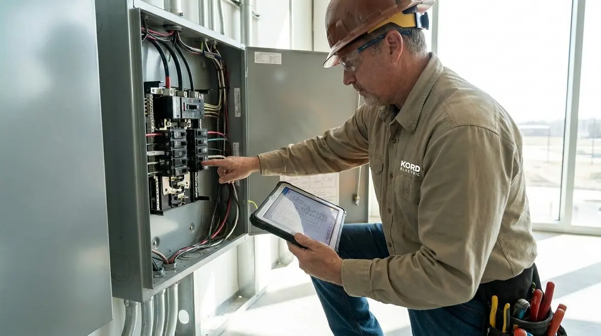Technician reviewing commercial subpanel load management in an electrical room