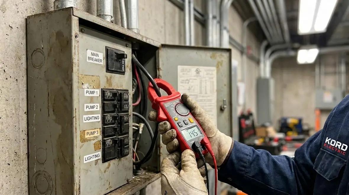 Commercial electrician assessing existing electrical panels and future demand