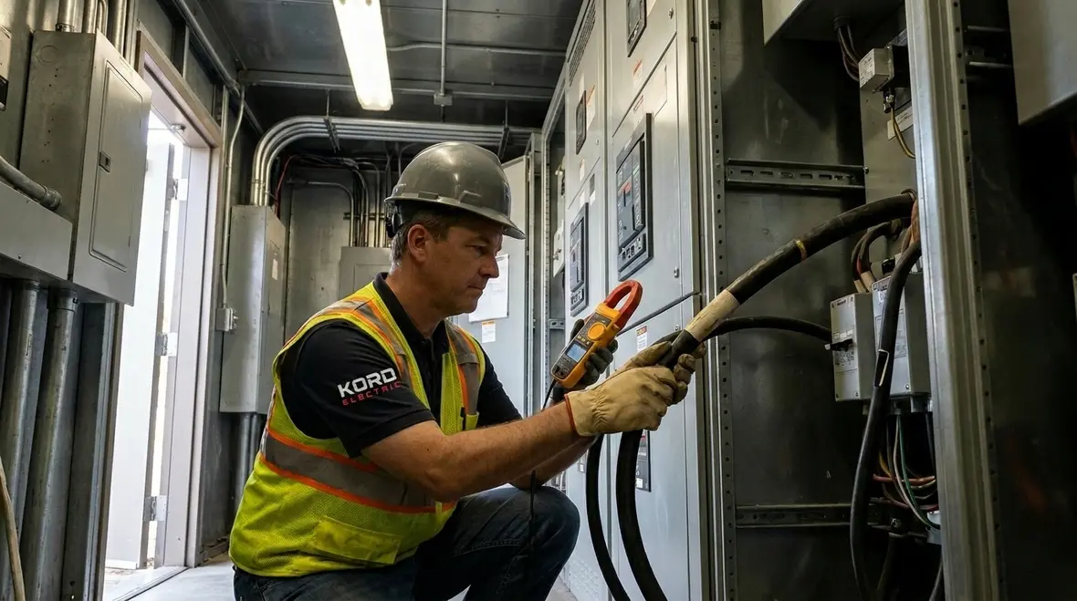 Technician reviewing emergency power load priorities