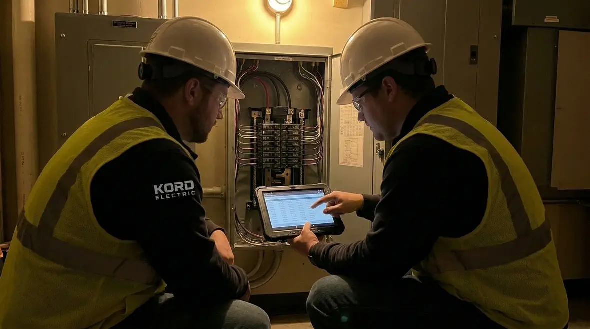 Technician analyzing commercial subpanel load calculations on site