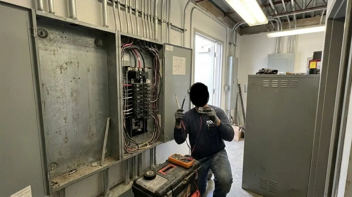 Kord Electric team gathering information for commercial subpanel sizing in a facility