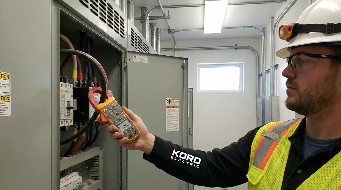 Technician performing a critical facility electrical reliability audit on commercial switchgear