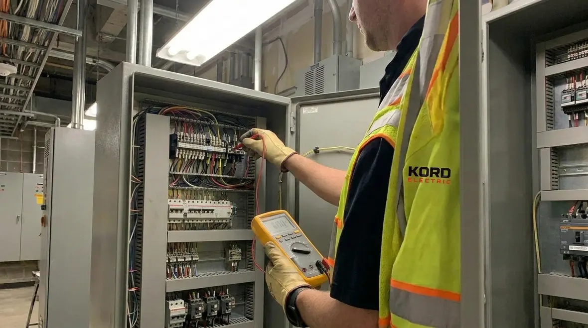 Technician inspecting commercial surge protection equipment in an industrial facility