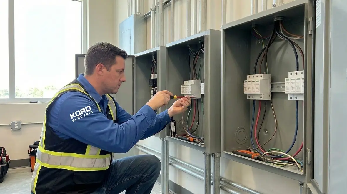 Modern commercial facility with layered surge protection design
