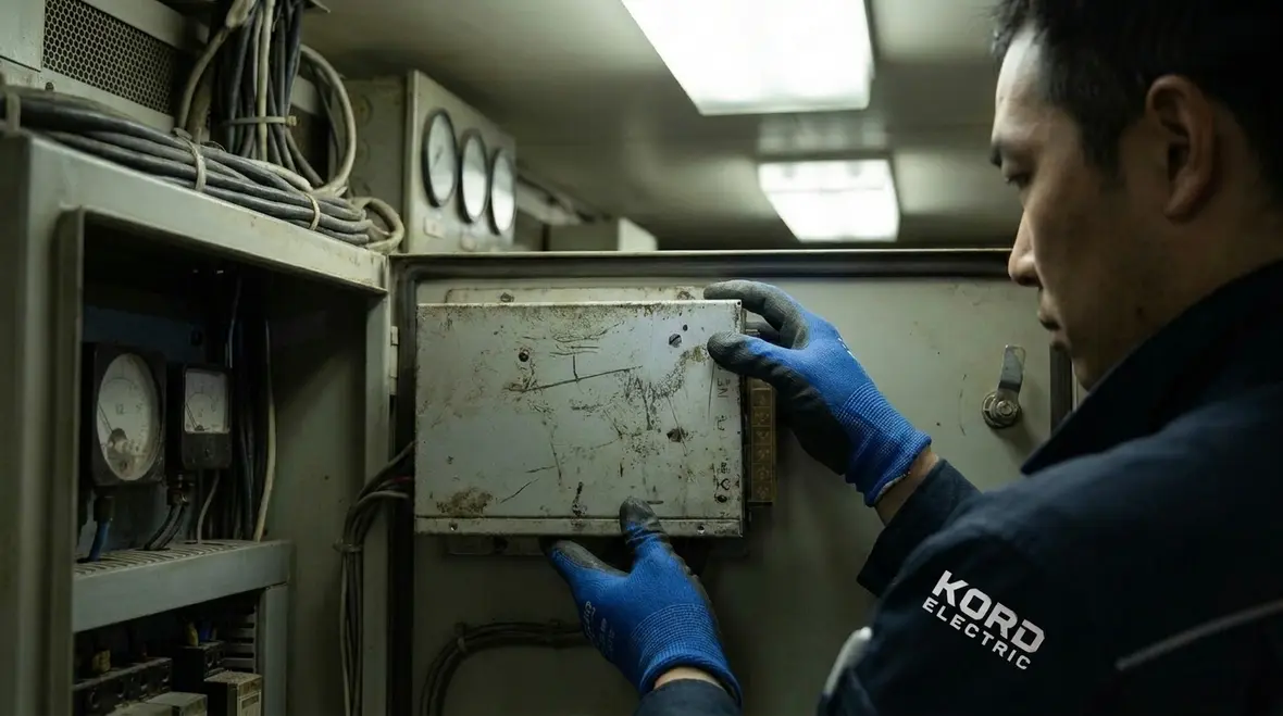 Control cabinet affected by hidden surge damage in a commercial building