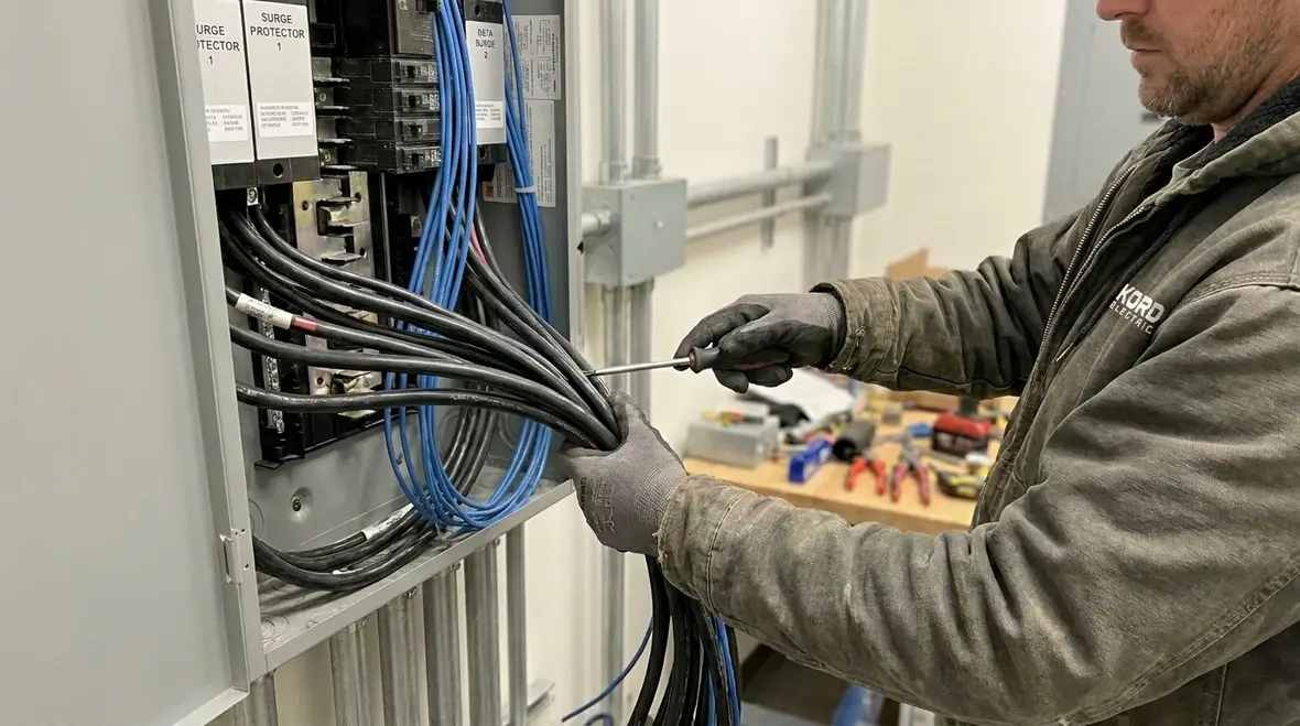 Technician evaluating surge protective device placement in a commercial panel