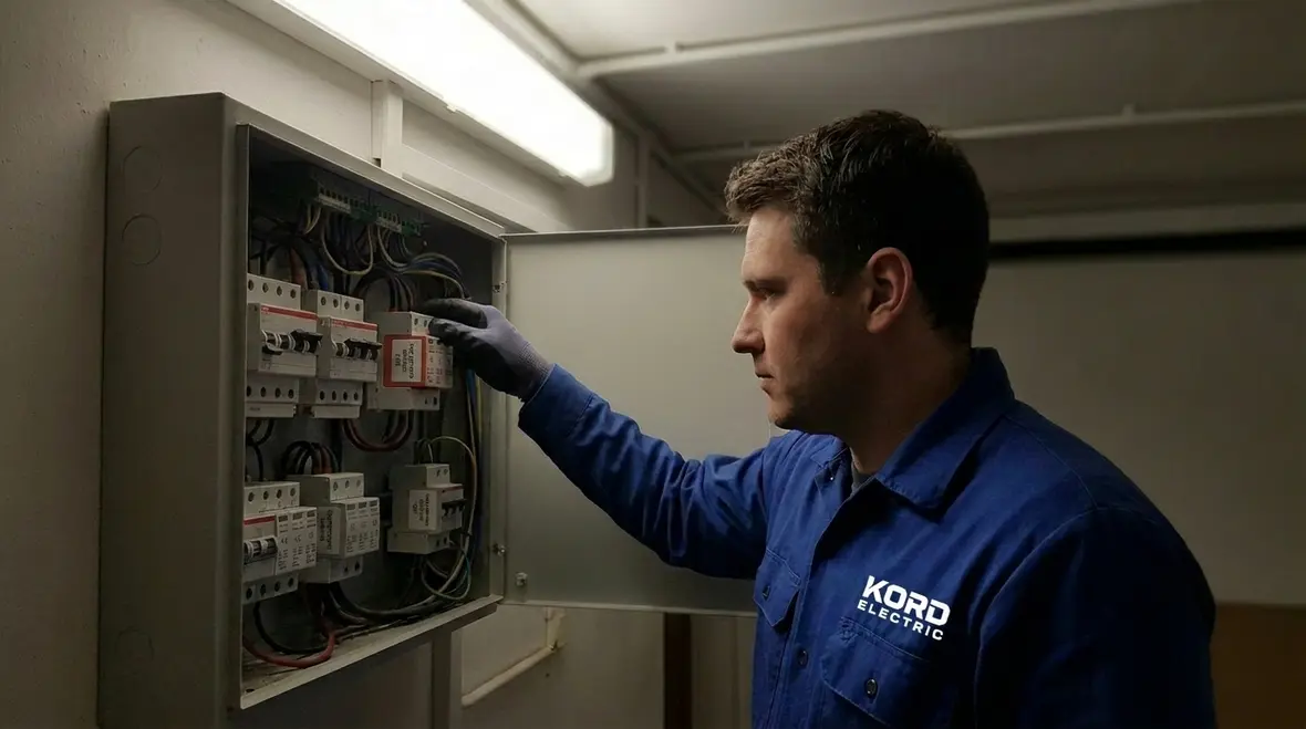 Electrical maintenance team testing surge protection in a commercial facility