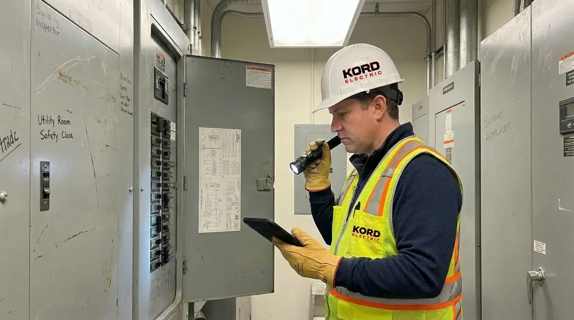 Technician reviewing commercial tenant improvement electrical requirements on site